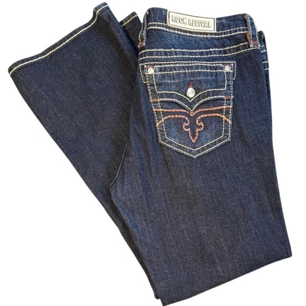 Rock Revival Women's 34 dark blue Jean low rise copper stitching/crystal buttons
